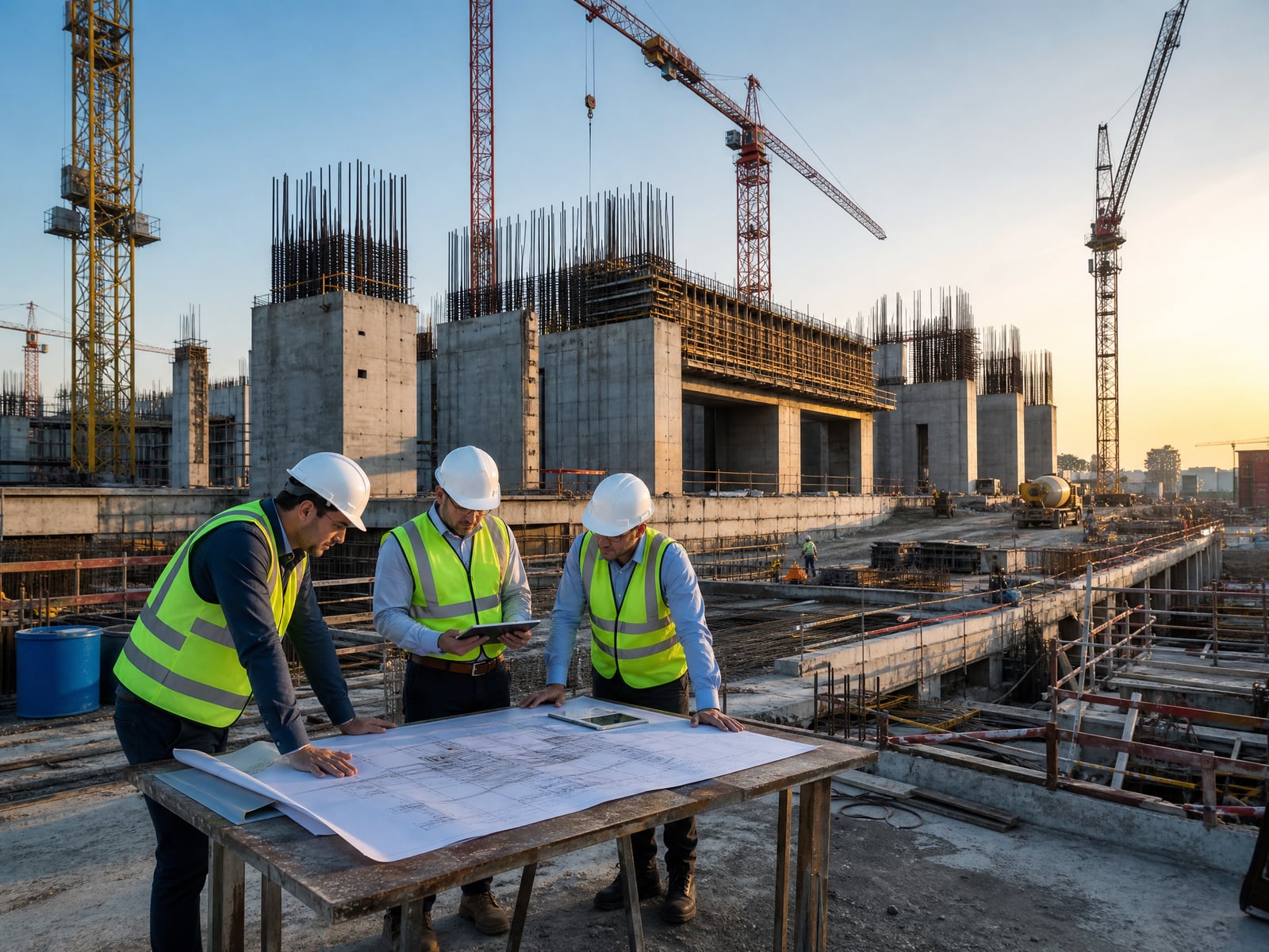 Инженеры ГазПромСтрой с проектной документацией на строительной площадке